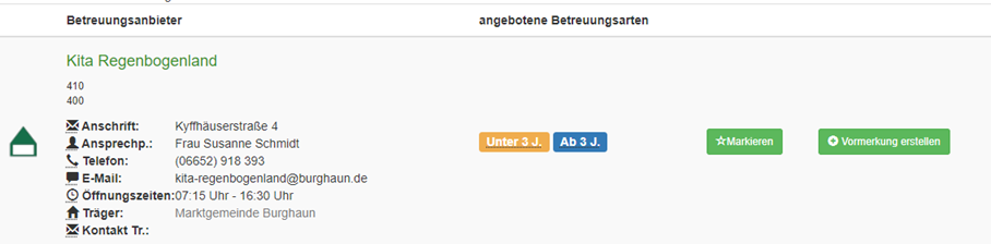 Listenansicht der Einrichtung