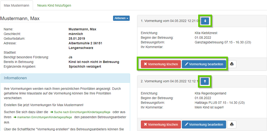 Vormerkung verwalten